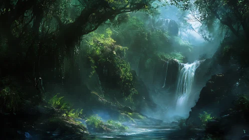 Luminescent Forested Gorge with Cascading Waterfall and Ethereal Mist.