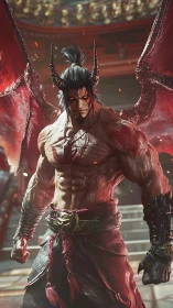 Hyper-real demonic warrior with muscular anatomy and emissive wings