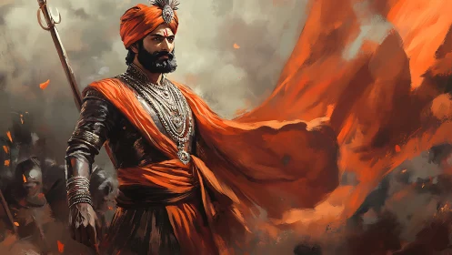 Warrior in ornate armor with orange turban and banner.