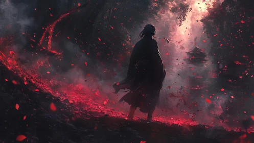 Silhouetted figure in red-lit forest path before distant pagoda.