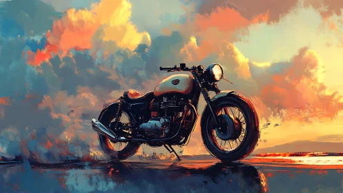 Sunlit retro motorcycle under vivid painterly sky.