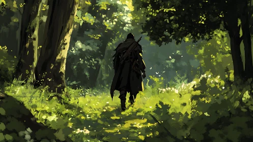 Quiet wanderer steps into a sunlit forest path of promise