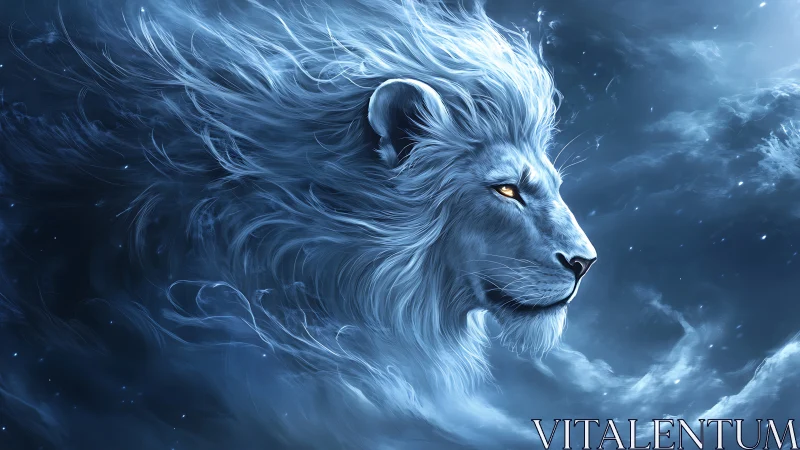 Celestial ice lion profile amid stormlit cosmic winds.