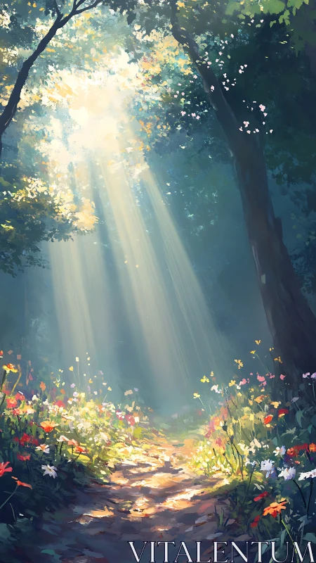 Volumetric sunbeams over chromatic forest understory path.