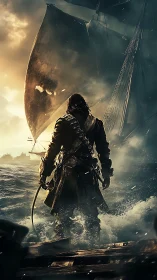 Storm-tossed pirate strides toward a looming midnight ship.