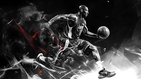 Basketball player rendered in dynamic grayscale digital motion