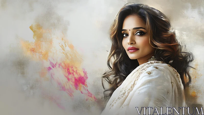 Elegant woman in sari against soft abstract canvas.