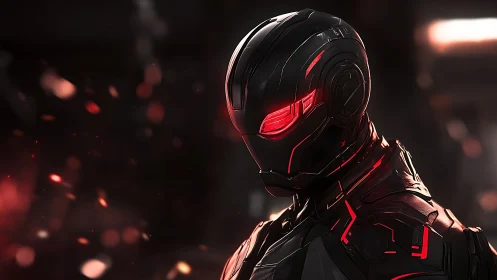 Cybernetic enforcer in black armor with glowing red optics.