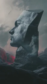 Monolith of Memory: storm-chiseled stone face in twilight.