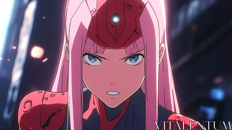 Pink‑haired pilot in armored headset, intense frontal anime closeup
