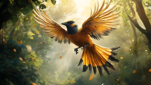 Vibrant orange bird in mid-flight, digital art style, sunlit forest.