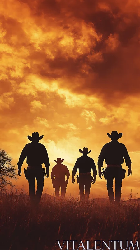 Cowboy silhouettes crossing fiery sunset prairie horizon.