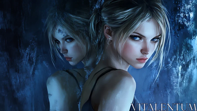 Mirror-twin gaze carves bright ice into midnight silence