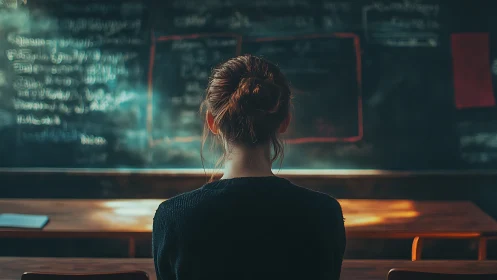 Student sits alone facing chalkboard in dim classroom