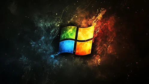 Glowing quad-color window emblem in cosmic particle field.