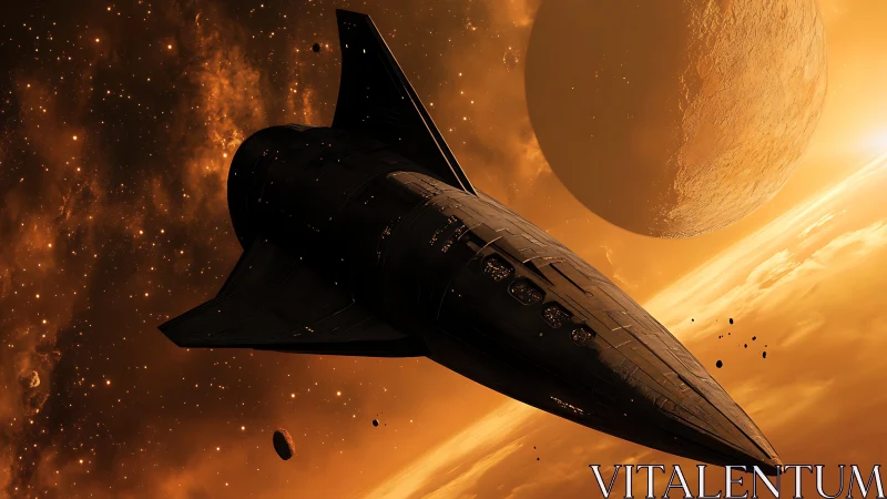 Sleek starship glides past molten planet in glowing nebula.