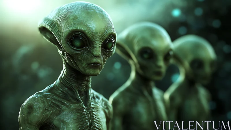 Triad of green extraterrestrial figures in shallow depth focus.