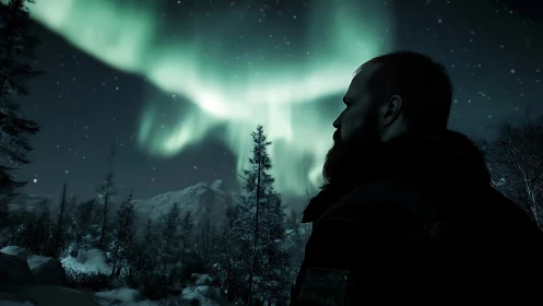 Lone wanderer contemplates vivid northern lights in silence.