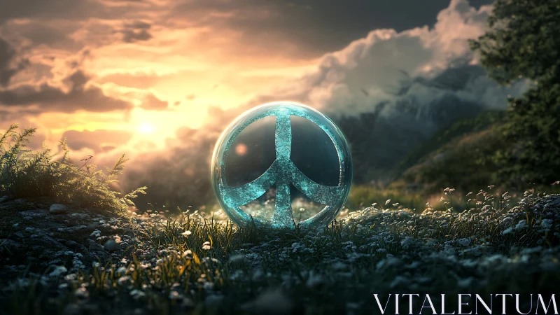 Glass peace symbol sphere rests on meadow at sunset