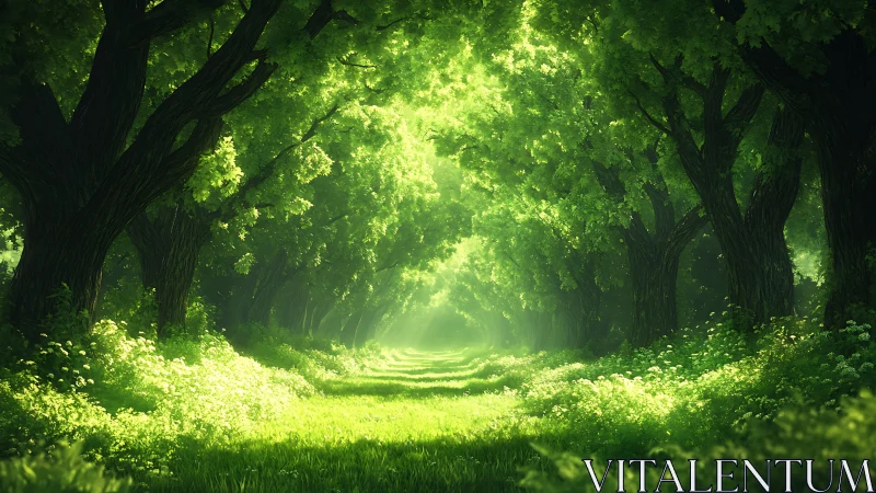 Sunlit Tree-Lined Path Through Forest.