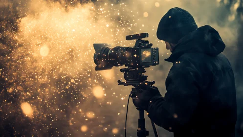 Cameraperson operating video rig amid dense airborne particles.