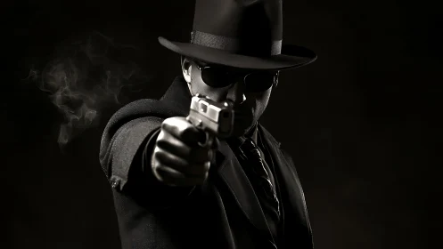 Man in dark suit aiming handgun toward camera lens.