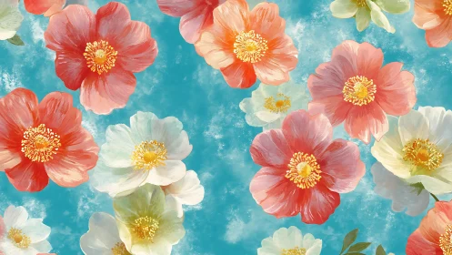 Colorful flowers with yellow centers arranged against turquoise textured background.