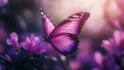 Purple butterfly rests on pink flowers in soft backlight