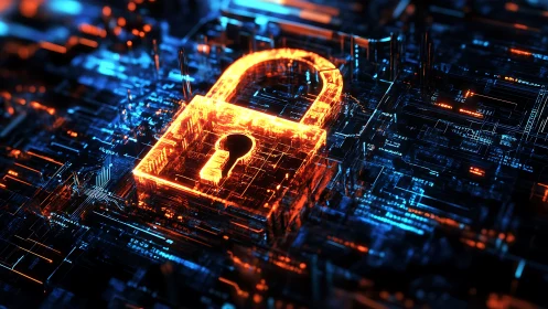 Digital lock symbol over abstract circuit board pattern.