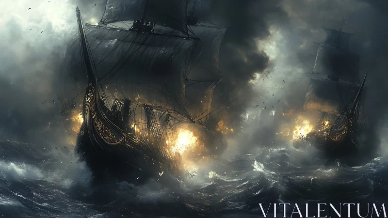 Naval broadside inferno with storm-tossed galleons in combat.