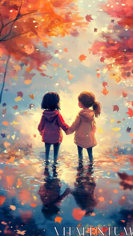 Autumn rain puddle reflection with two children holding hands