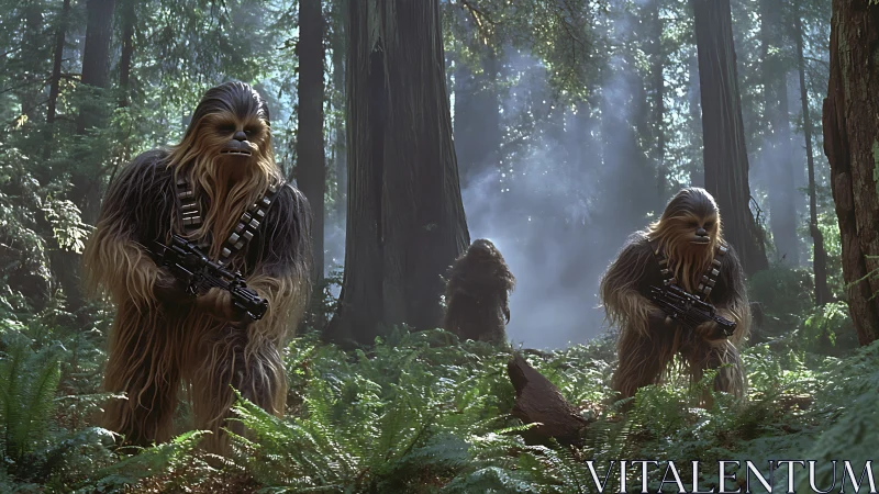 Furry forest warriors stalk through misty redwood shadows.