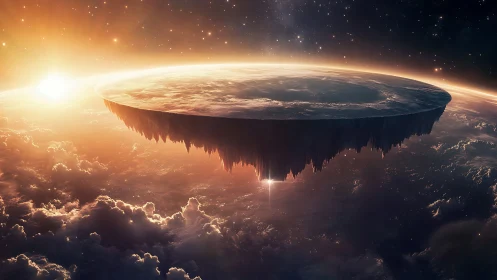 Floating flat world plate hovering above glowing planet.