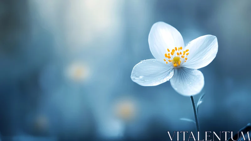 White Petaled Bloom Against Misty Blue Background.