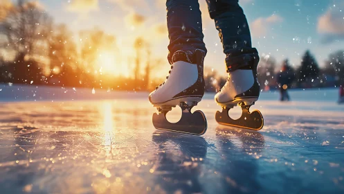 Sunlit outdoor ice skating scene with close skate detail.