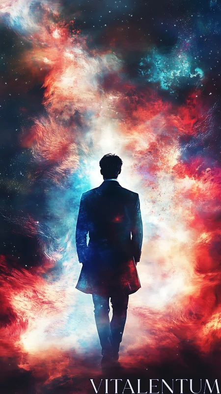 Solitary figure walks into luminous cosmic nebula veil