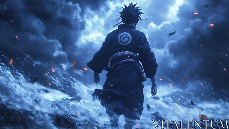 Lone anime warrior walks through stormy blue battlefield.