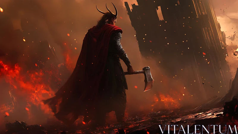 Lone horned warrior strides through burning ruined battlefield