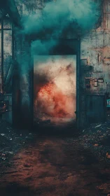 Rustside portal coughing crimson smoke into the darkyard.