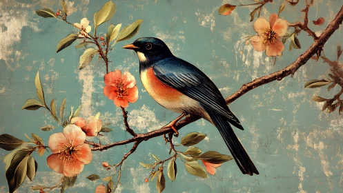 Songbird perches on flowering branch before worn blue backdrop