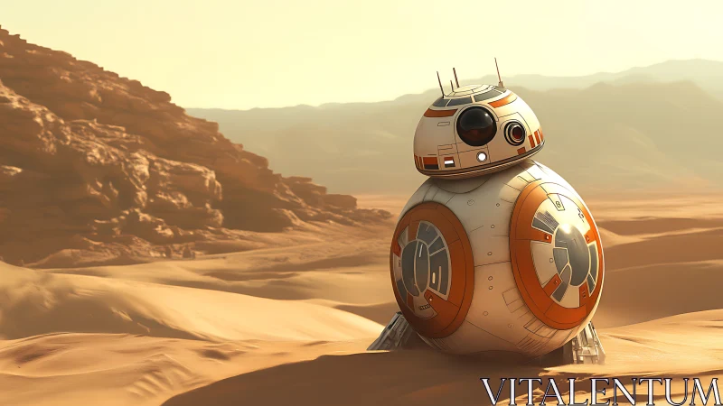 Spherical desert droid rolling across sunlit sand dunes.