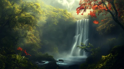 Mist-draped forest waterfall under ember-tipped autumn canopy.