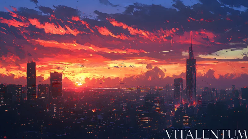 Neon dusk ignites a towering cyber city skyline in flame.