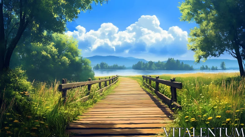 Sunlit wooden bridge leads toward serene lake horizon under clouds