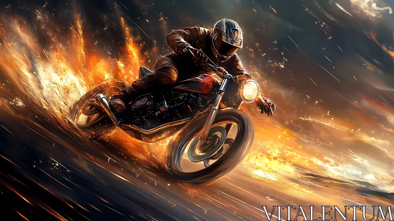 Motorcycle rider cuts through fire and rain in explosive motion