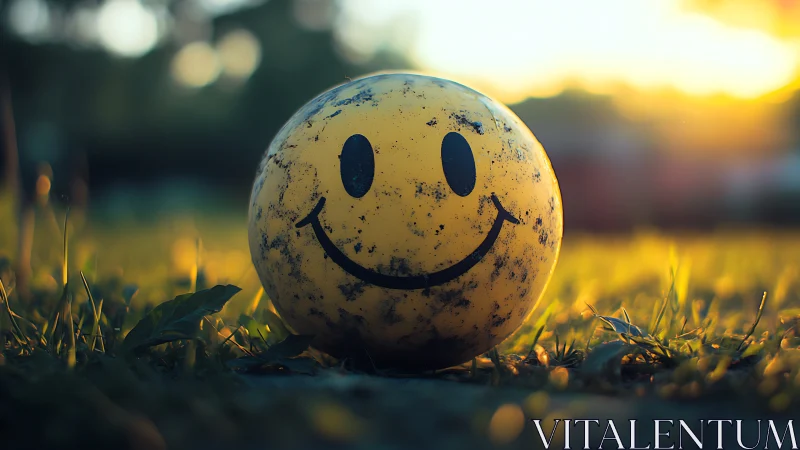 Sunset-soaked smiley ball glows with imperfect happiness.