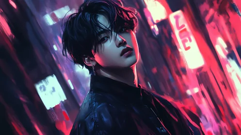 Neon city wanderer bathed in glowing midnight colors.