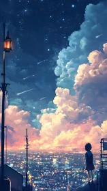 Anime night cityscape with celestial clouds and observer figure.
