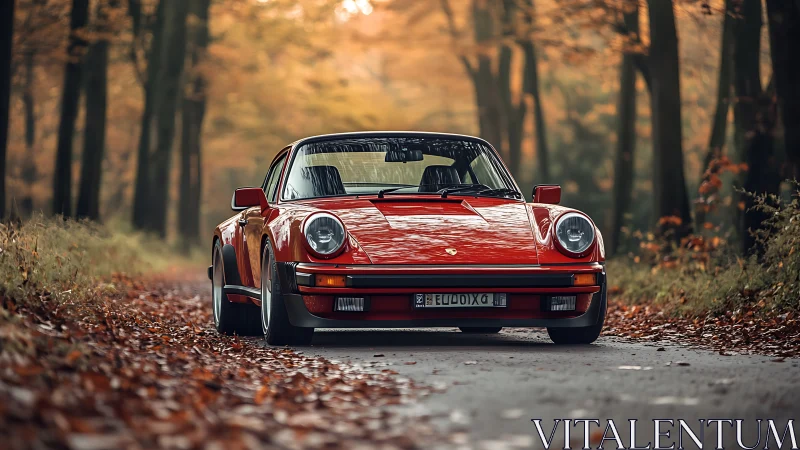 Classic red sports car glowing on a peaceful autumn road.