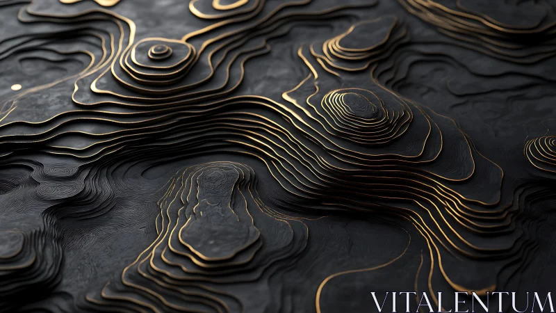 Layered metallic topographic relief on dark abstract surface.